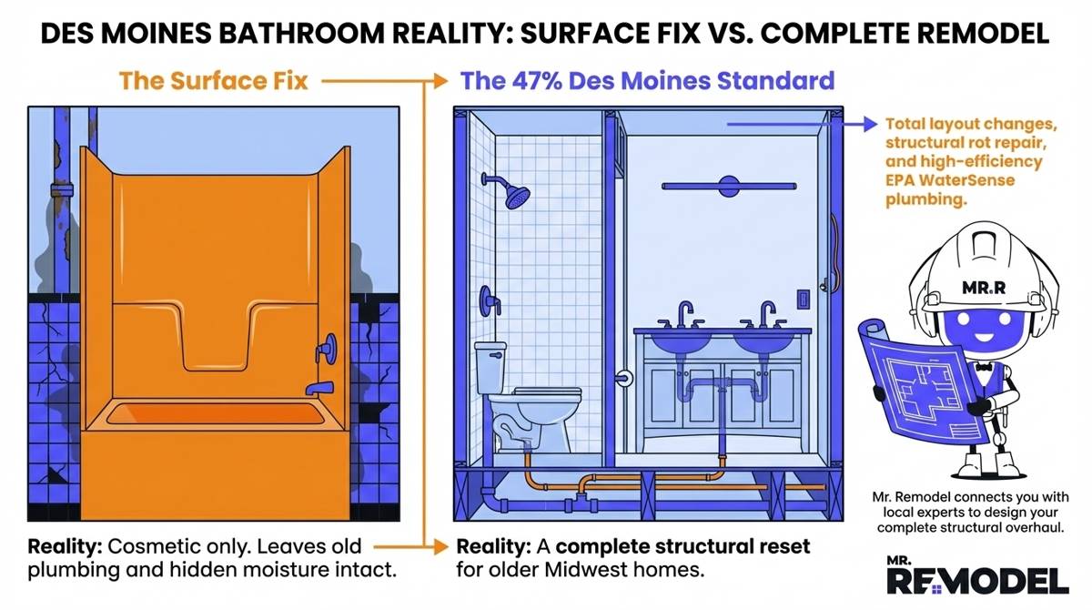 An infographic comparing a basic bathroom surface fix to a full-scale remodel, highlighting that 47% of Des Moines homeowners choose complete renovations to address underlying plumbing and structural needs.